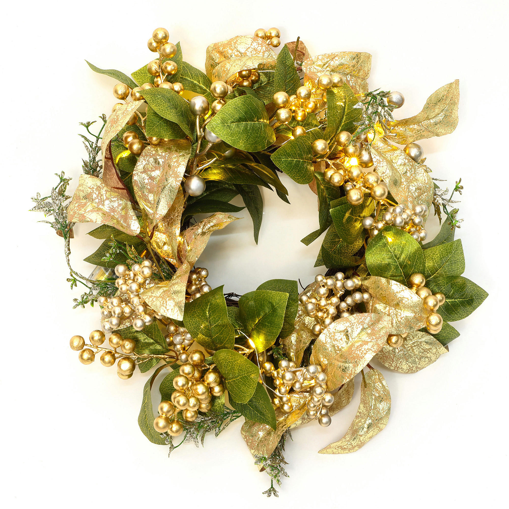 40CM Weihnachtskranz mit LED & Timer, Goldblätter & Beeren - Grün, Kunststoff (45cm) - Hometopia