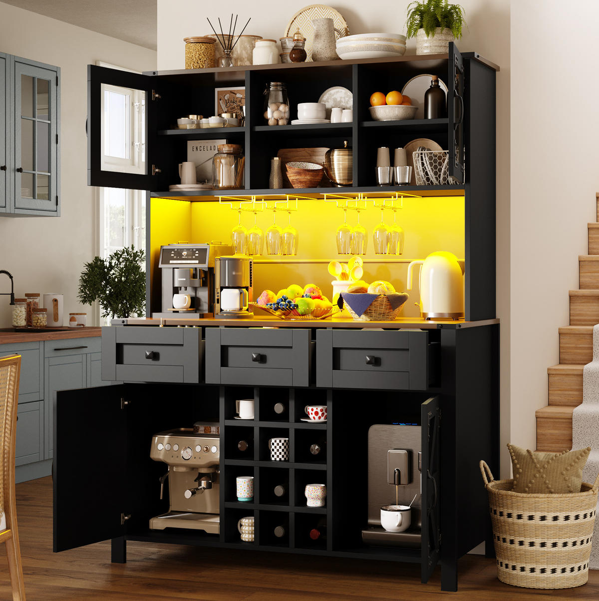 BUFFET 120/40/170 cm schwarz aus MDF und Glas mit LED - Schwarz, Holzwerkstoff (120/170/40cm) - OKWISH