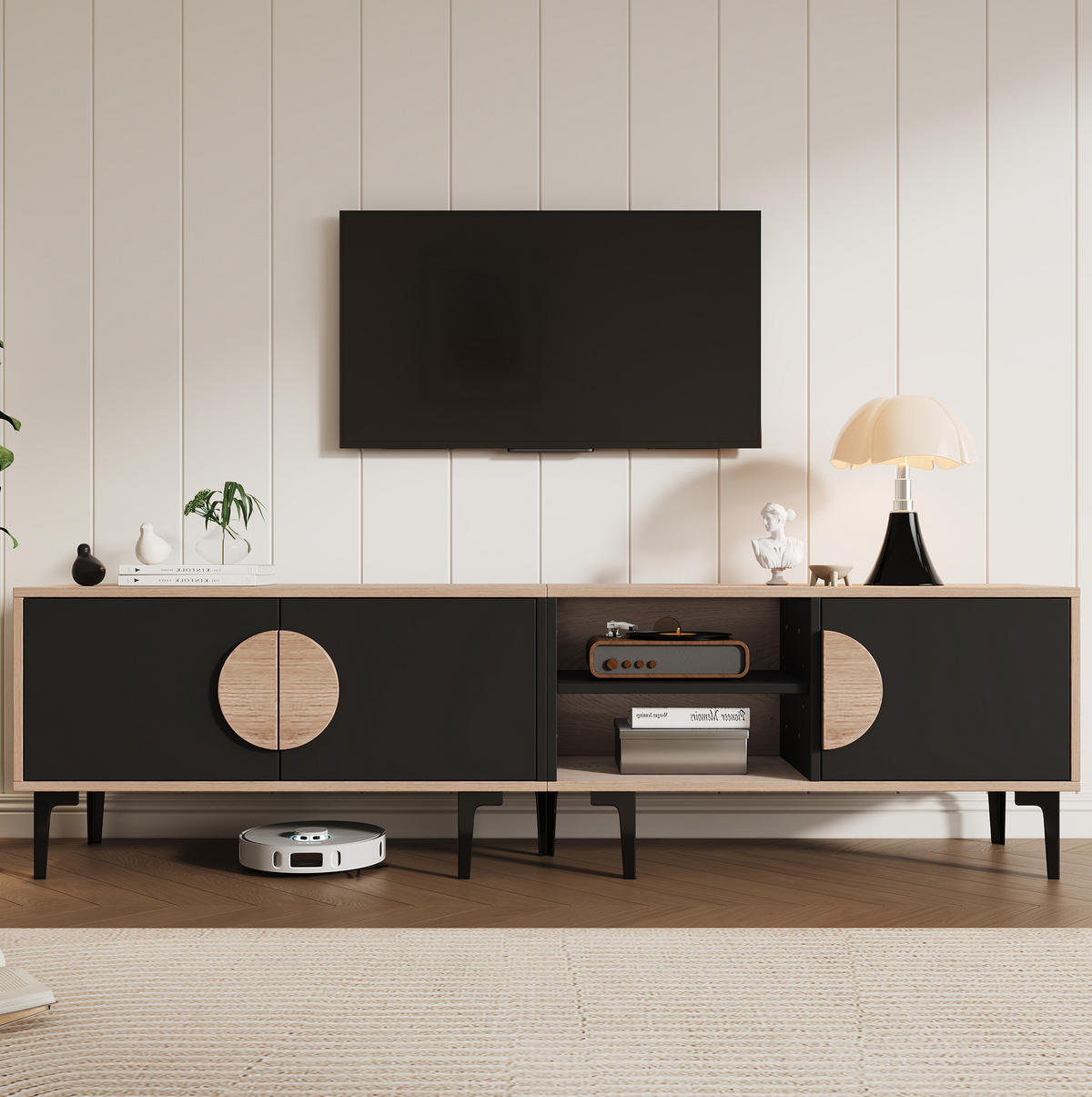 TV-ELEMENT mit 3 Türen und offenen Fächern 180 x 35 cm Holzoptik Schwarz - Schwarz, Holzwerkstoff (35/49/180cm) - Beauniv