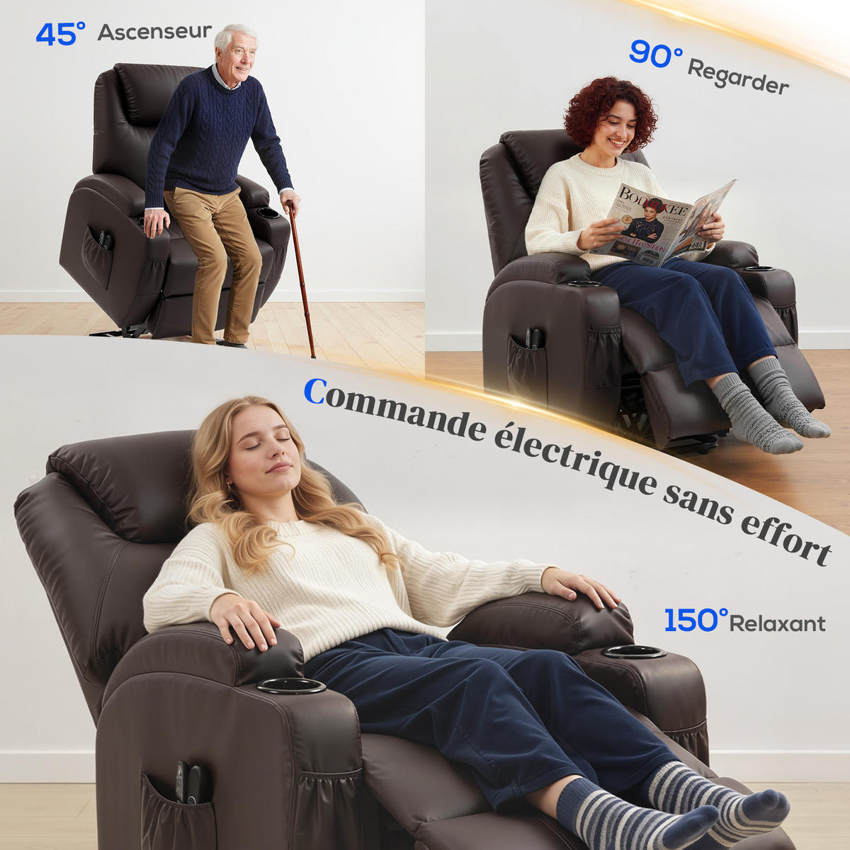 RELAXSESSEL DE-15440 mit USB und Getränkehaltern Braun - Braun, Leder (83/107/95cm) - ComfortXL