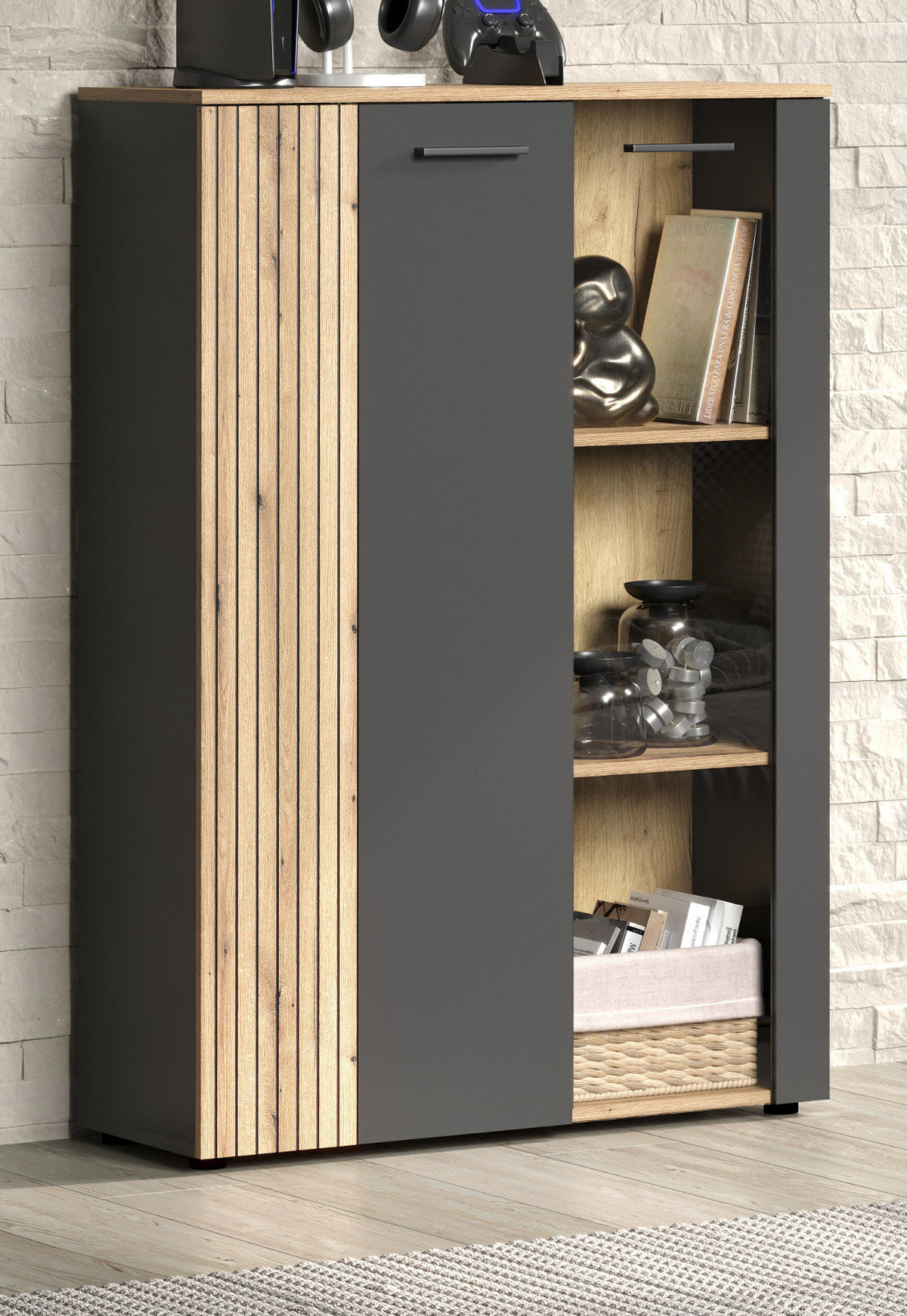 HIGHBOARD grau, Evoke Eiche 90 x 132 cm, Kommode in modernem Design - Eichefarben/Schwarz, Glas/Holzwerkstoff (90/132/34cm) - Top.Furn