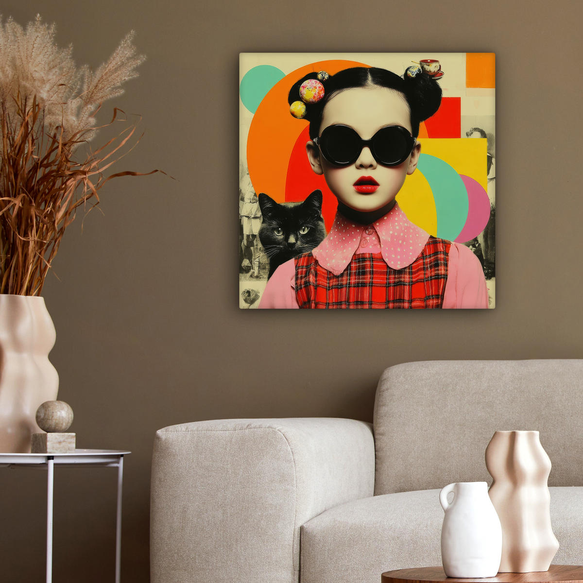 LEINWANDBILD Mädchen - Sonnenbrille - Katze - Retro Wandbild Wohnzimmer 50x50 cm - Beige, Textil (50/50cm) - MuchoWow