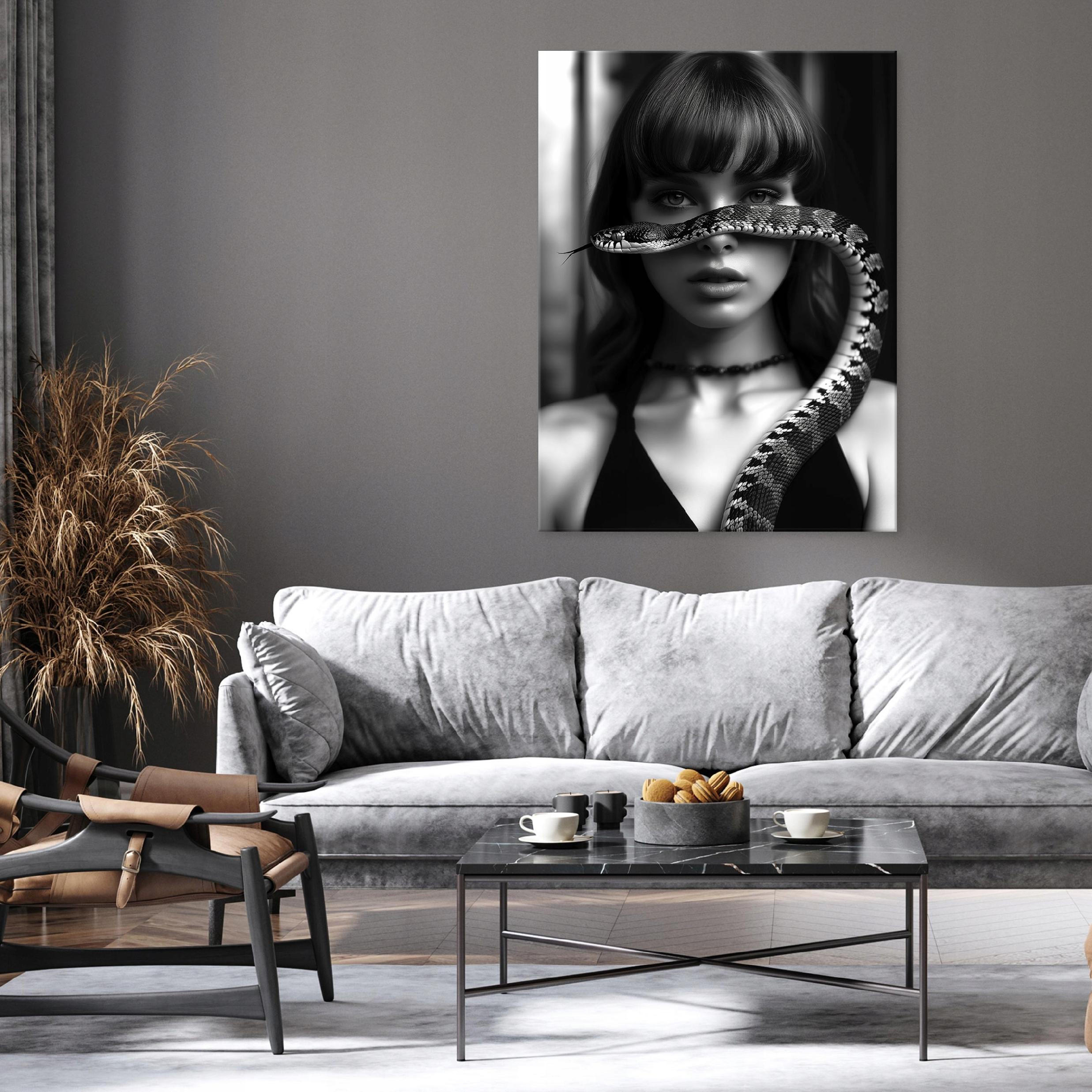 BILDER auf Leinwand Frau Schlange Schwarz und Weiß 60x40 - Multicolor, Holzwerkstoff (40/60cm) - Wallarena