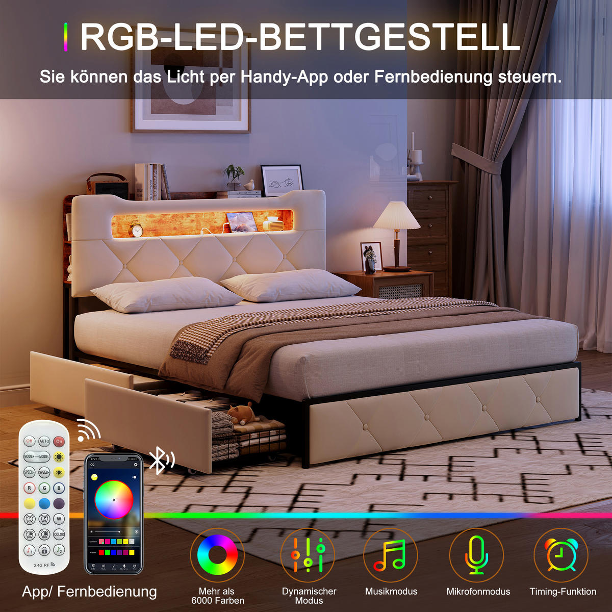 POLSTERBETT 140x200, jugendbett mit 4 Schubladen, LED, USB, Kopfteil, Lattenrost, samt, beige - Beige, Holzwerkstoff/Textil (140/200cm) - GENKI LIVING