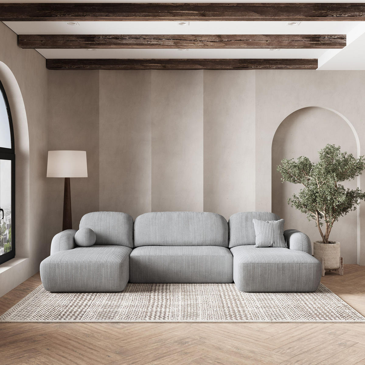 ROHOVÁ SEDAČKA SAVONA světle šedá - černá/světle šedá, dřevo/textil (320/148cm) - MASSENO