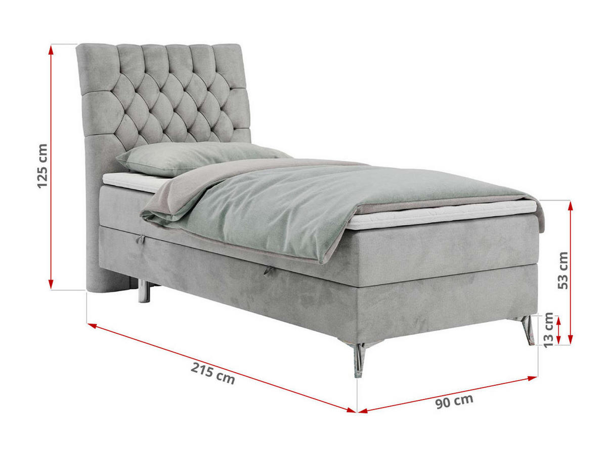 BOXBETT MILEN 90/200 Hellgrau Velvet - H3 - Rechts Seite - Hellgrau, Holz/Textil (90/200cm) - MKS