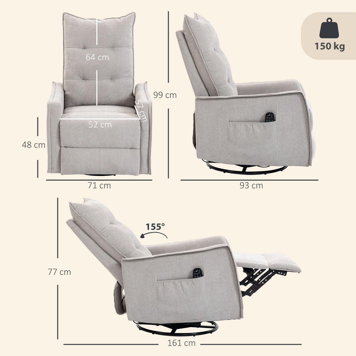 DREHSESSEL,BEHEIZBAR Massage Fußstütze Fernbedienung Chenille,hellgrau - Grau, Textil (71/99/93cm) - Vallsero