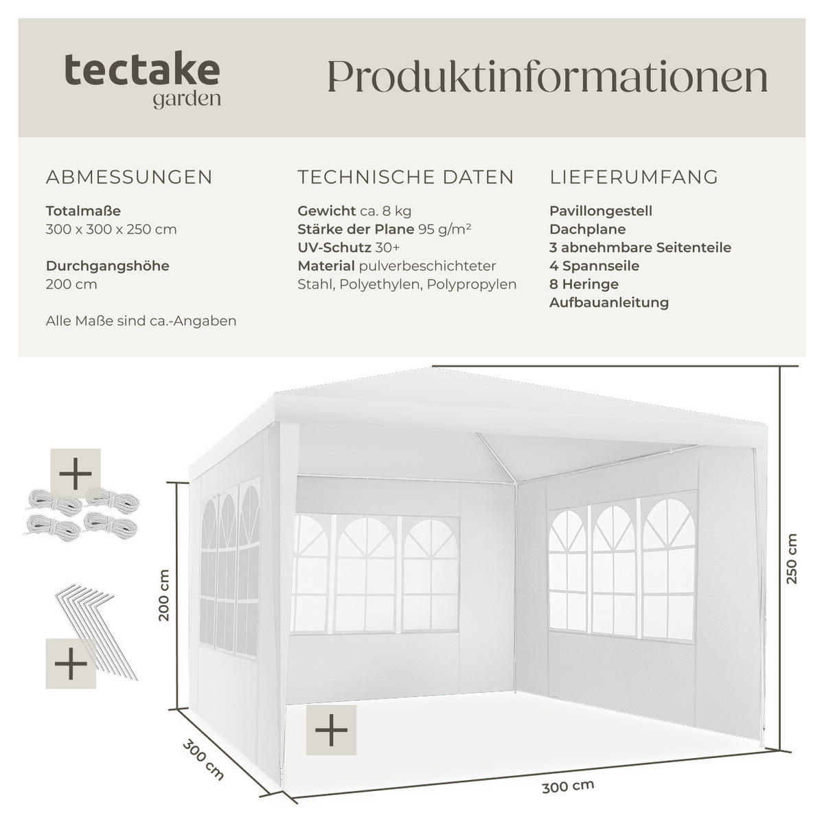 PAVILLON Barinas,wasserdicht,weiß - Weiß, Kunststoff (300/250/300cm) - tectake