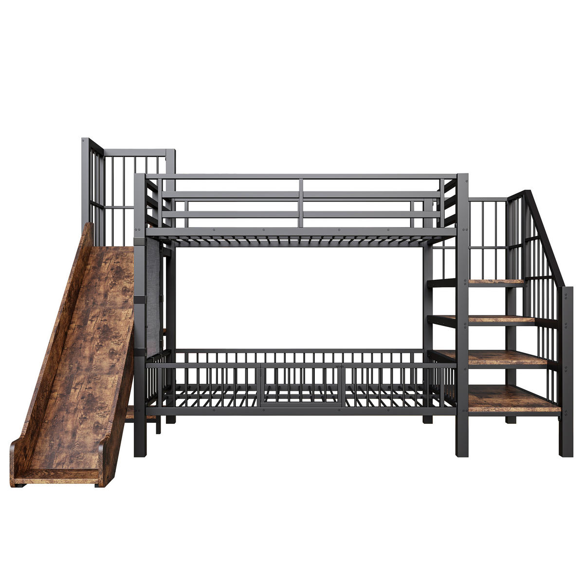 METALL- ETAGENBETT Kinder Schwarz 90/200 cm mit Rutsche und Stauraumtreppe - Schwarz, Metall (90/200cm) - ComfortXL