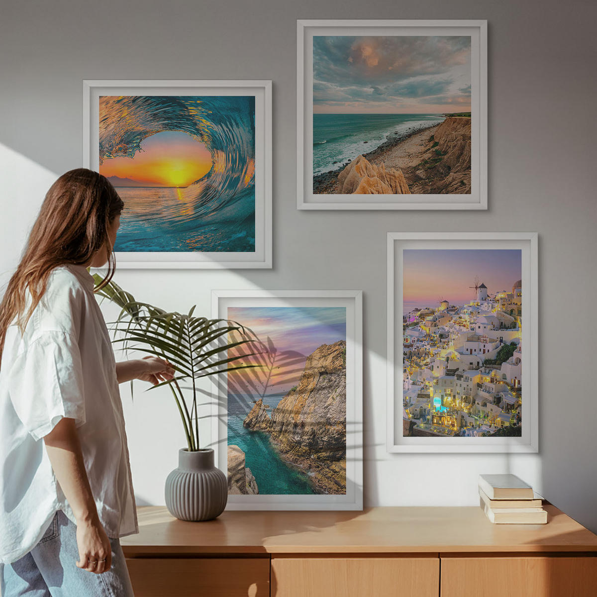 BILDER SET 4er Set - 50x50 cm & 40x60 cm Weißer Rahmen - Meereswellen, weiße Häuser, Santorini - Weiß, Kunststoff (50/50cm) - TULUP