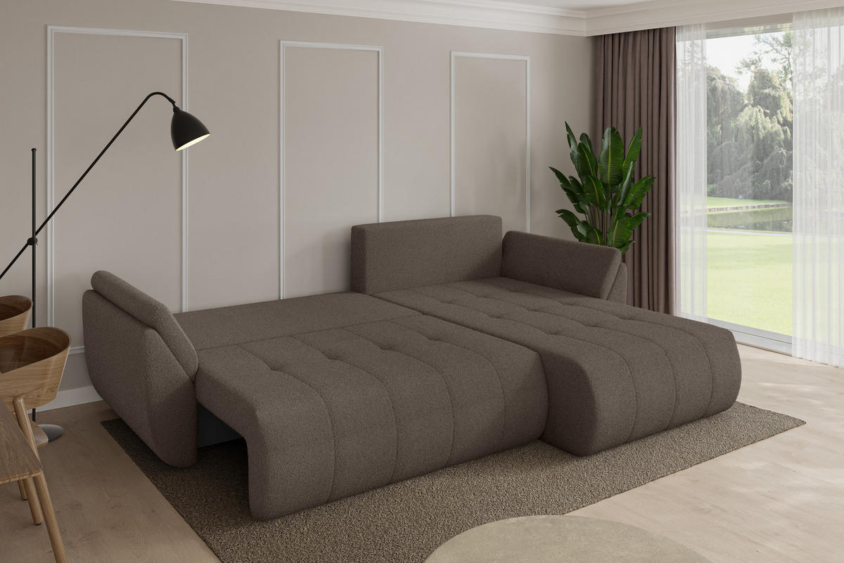 ROHOVÁ SEDAČKA s funkcí spaní, otoman vpravo TOKO-L 277x194x86 hnědá bouclé - černá/hnědá, kompozitní dřevo/textil (277/194cm) - ALTDECOR
