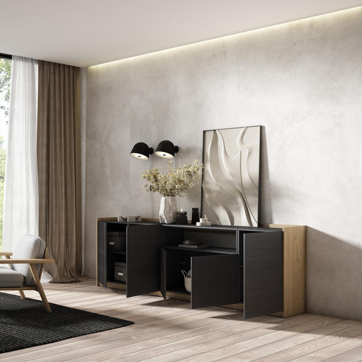 SIDEBOARD, Highboard, Schwarz Eiche, 260/37/80cm - Schwarz, Holzwerkstoff (260/80/37cm) - Skraut Home