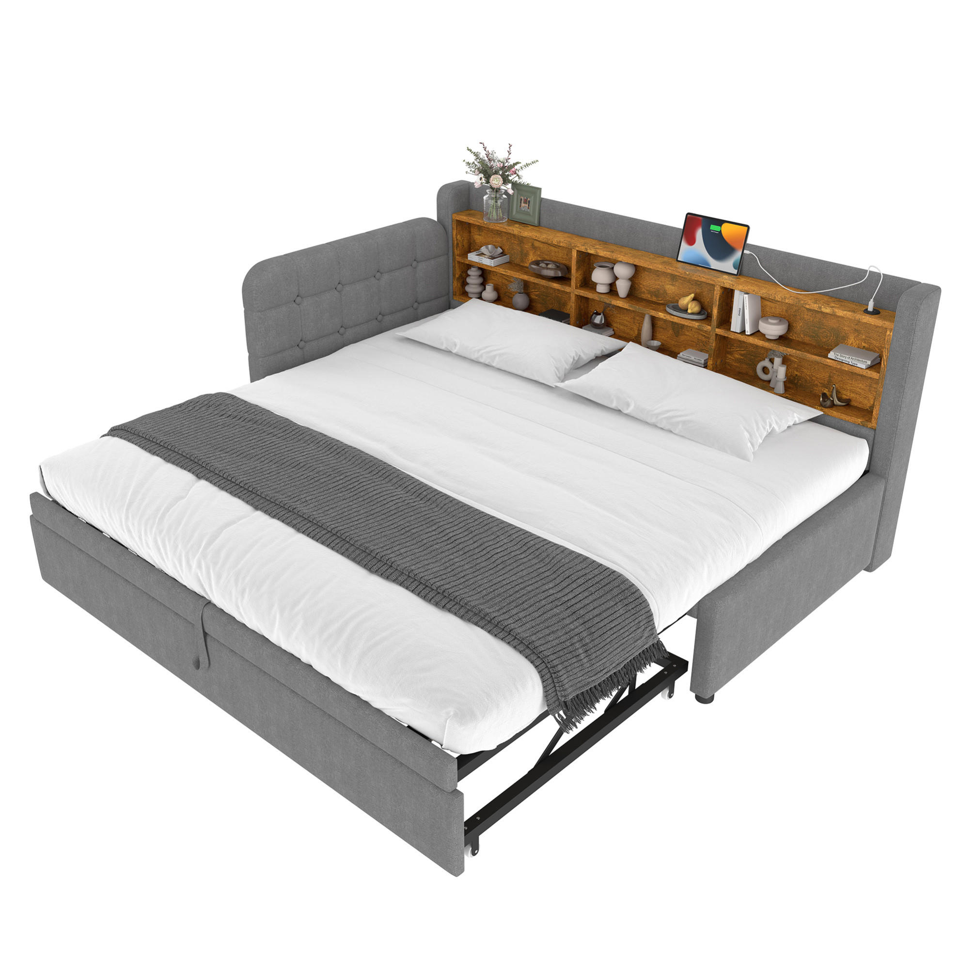 POLSTERBETT 90/180x200 cm Grau aus Leinen mit USB- und Type-C-Anschlüssen - Grau, Textil (90/200cm) - Flora Grace