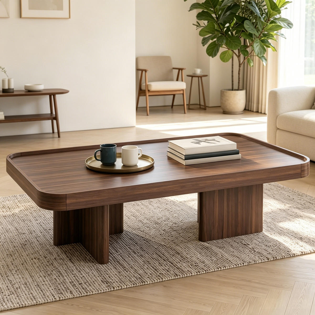 COUCHTISCH 100x50x35,5cm Walnuss-Optik Abgerundete Ecken Retro-Stil - Braun, Holz (111/55.5/14.5cm) - Raelunyi
