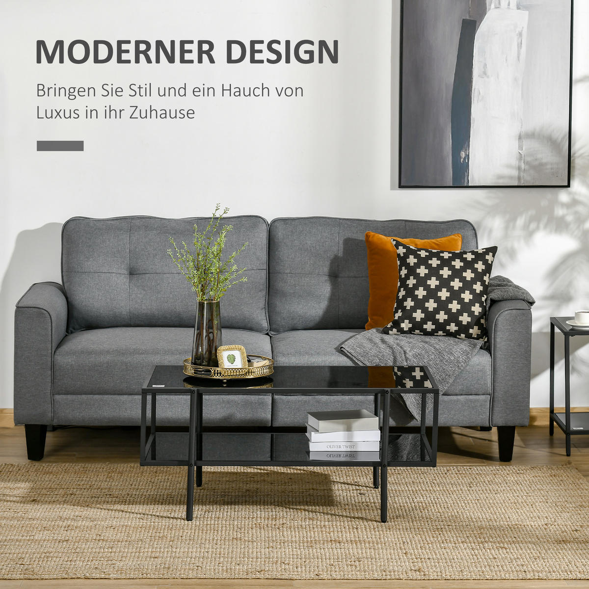 COUCHTISCH mit Ablage, verstellbare Füße, 100 x 55 x 45,5 cm - Schwarz, Glas (100/55/45.5cm) - HOMCOM