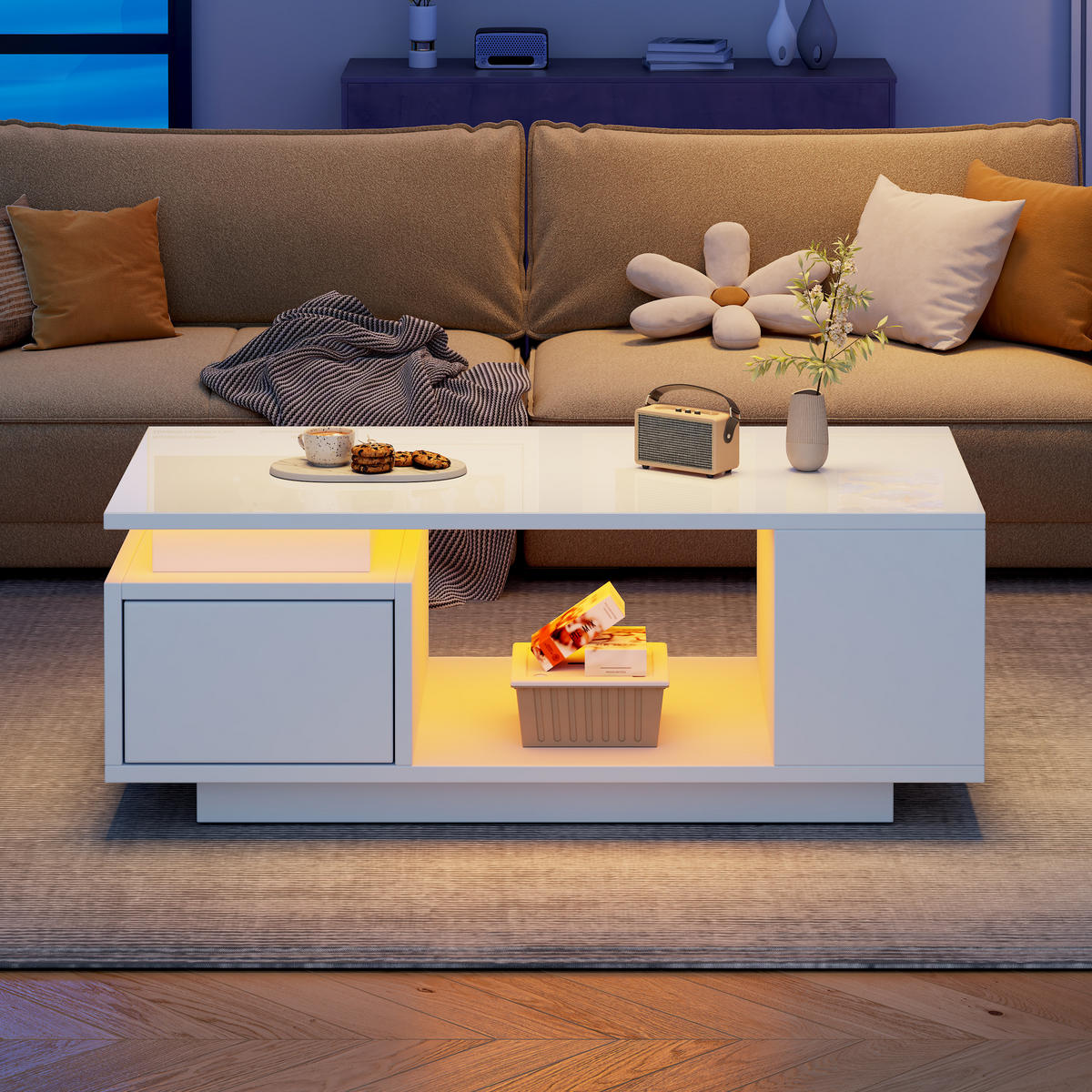COUCHTISCH in Weiß Kaffeetisch mit Schublade, LED & 4 Ablagefächern,Hochglanz Sofatisch für Wohnzimmer, B100/T50/H36cm - Weiß, Holzwerkstoff (50/100/36cm) - STILVORA