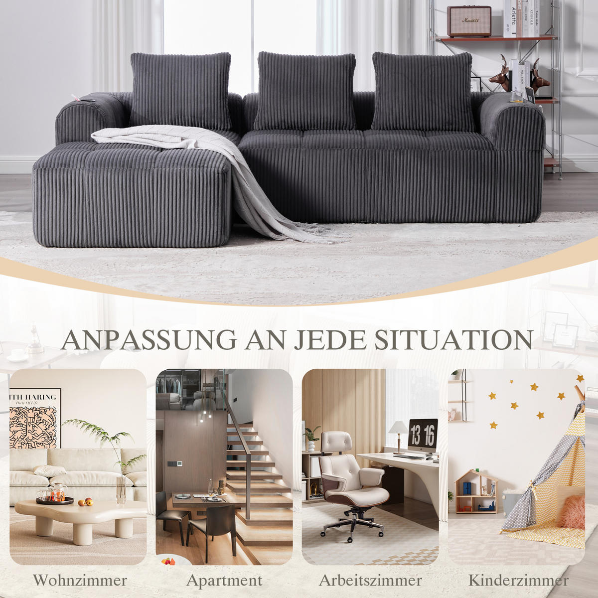 KOMPAKTSOFA Cord mit Modulsystem und Becherhalter 253/158/61 cm Dunkelgrau - Dunkelgrau, Textil (158/253cm) - Redom