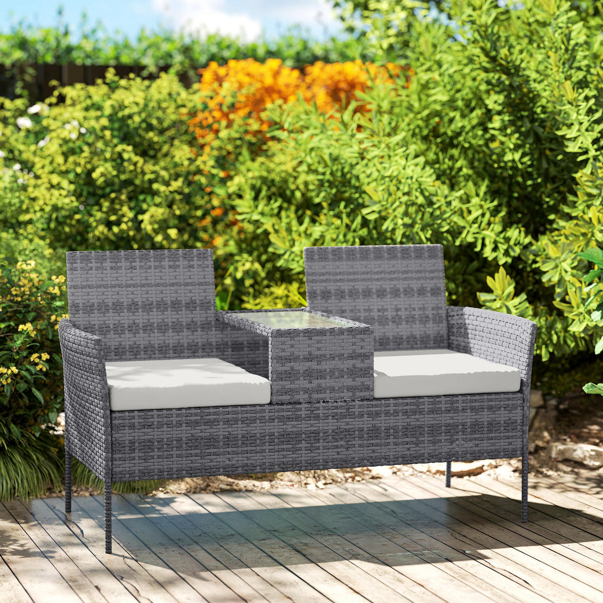 GARTENBANK 2-Sitzer DE-13678 mit integriertem Tisch Schwarz - Grau, Metall (135/81/64cm) - ComfortXL
