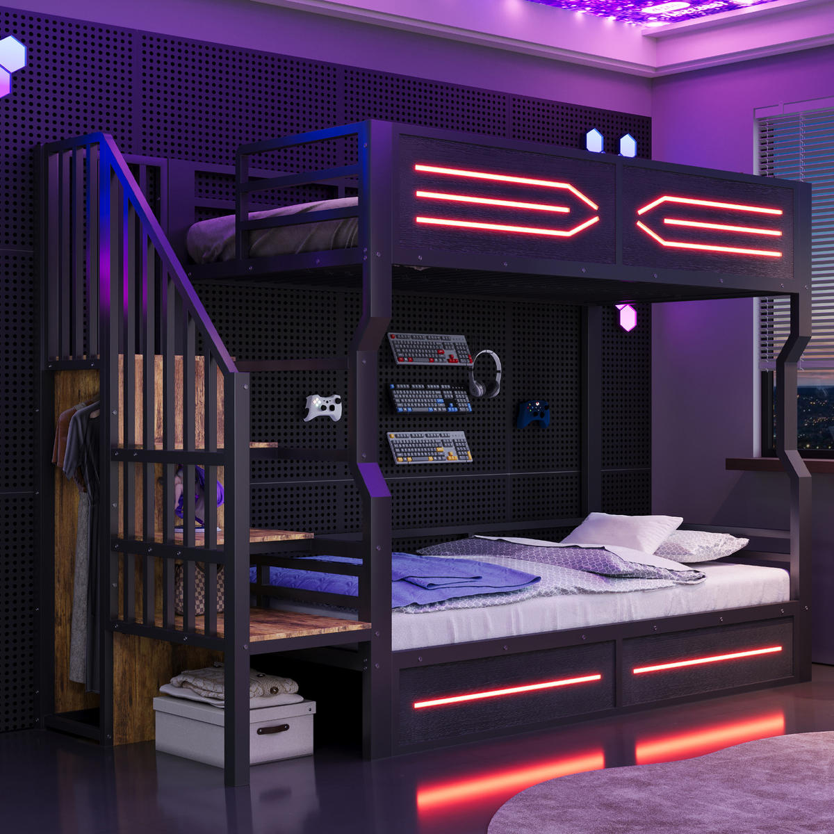 ETAGENBETT 90/200 cm schwarz aus Metall und MDF mit Stauraumtreppe und LED - Schwarz, Metall (90/200cm) - OKWISH