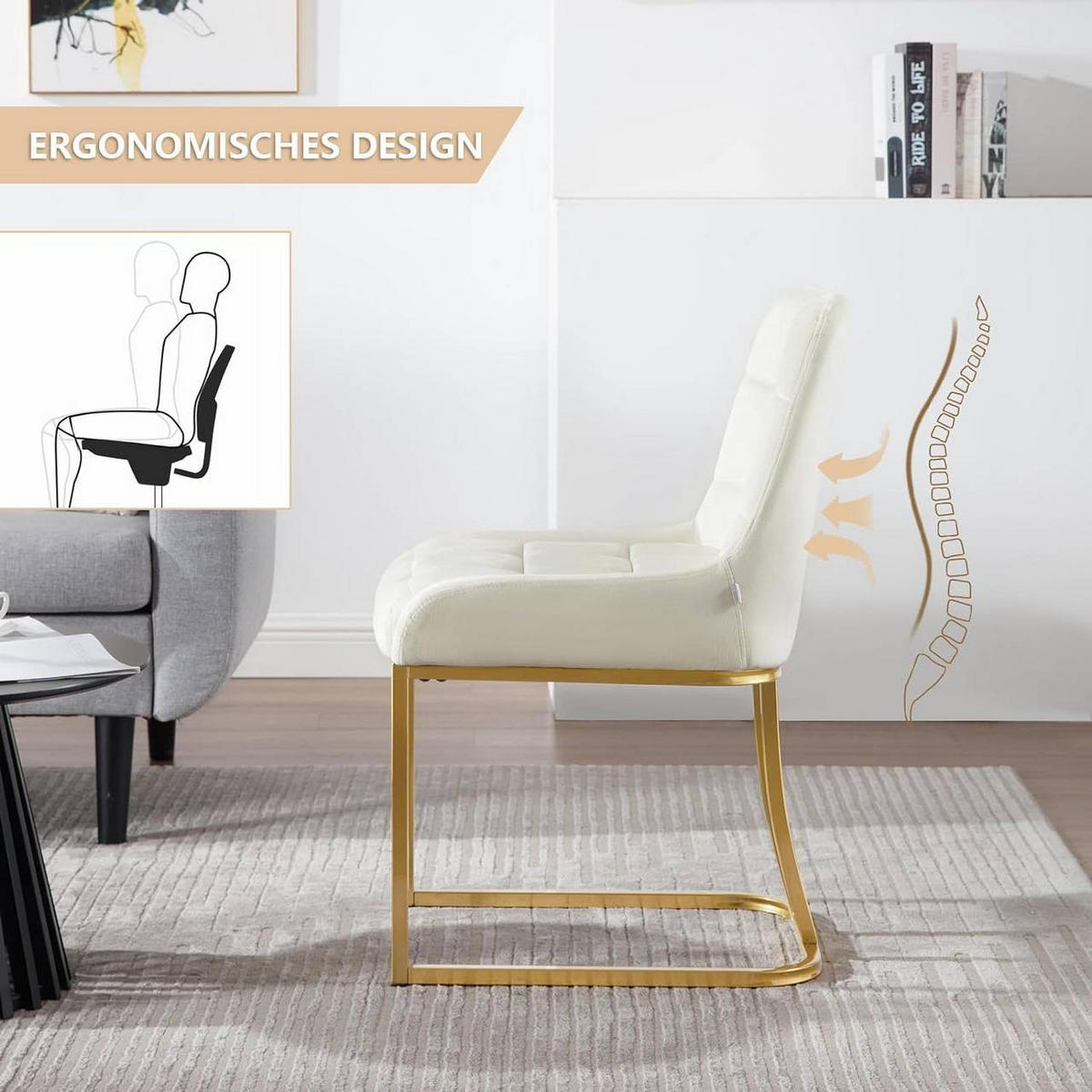 ESSZIMMERSTUHL 6er Set Beine in Bogenform, Samt, Creme - Goldfarben/Creme, Kunststoff/Textil (47.5/84/57.5cm) - Woltu