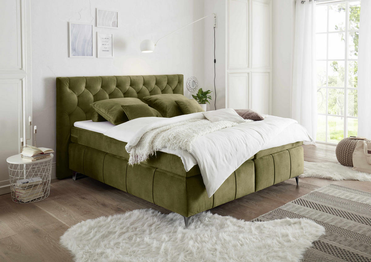 BOXSPRINGBETT 180 x 200 cm – 7‑Zonen-Tonnentaschen-Federkernmatratze, HR‑30 Topper, Samtoptik - Blau/Anthrazit, Kunststoff/Textil (180/200cm) - ed exciting design