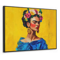 LEINWAND Bilder mit Rahmen - Frida Kahlo - Frau - Gelb - Blau - Blumen - 100x70 - Gelb, Textil (100/70cm) - MuchoWow