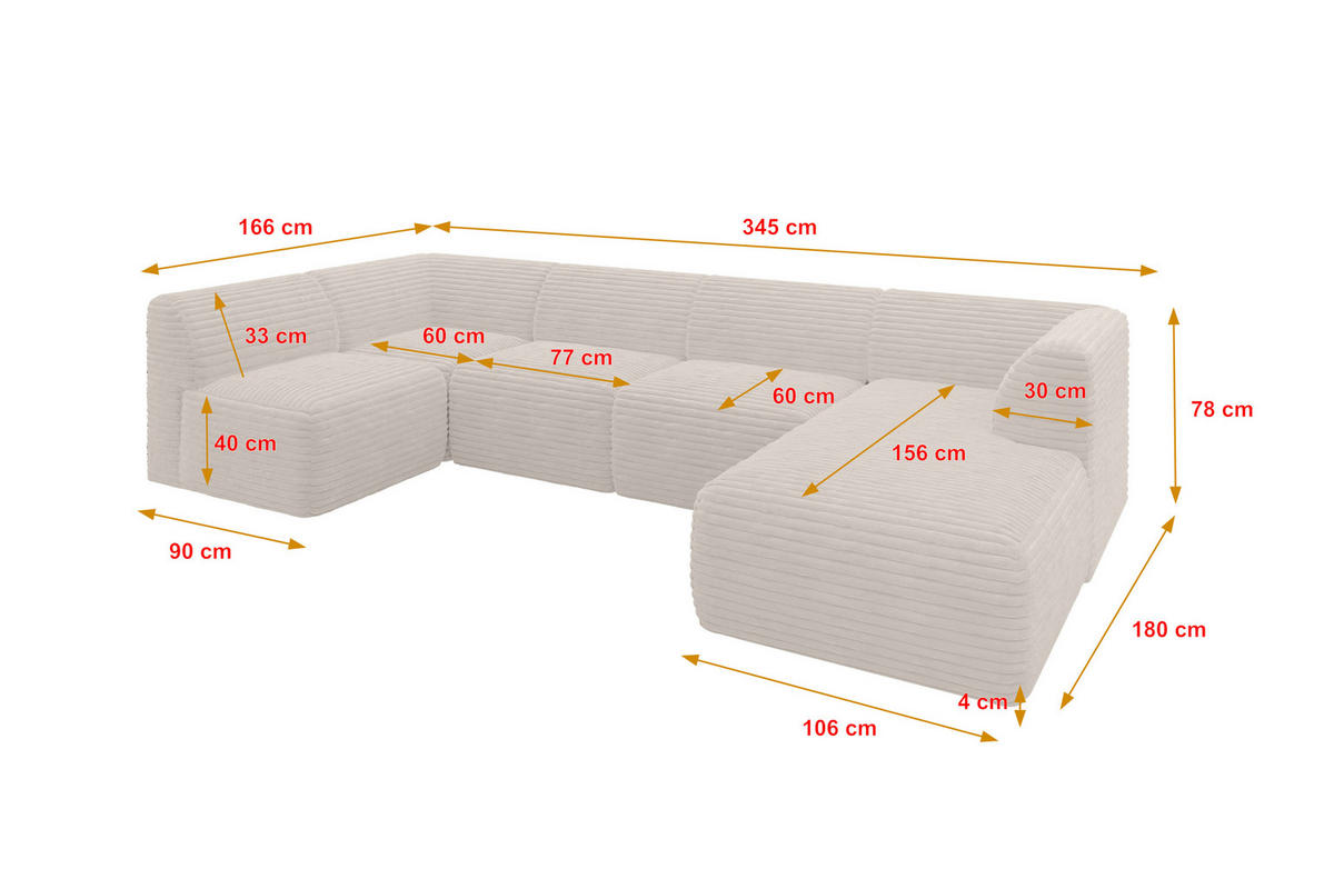WOHNLANDSCHAFT Ottomane Rechts MOVO-L 345x180x78 cm Creme Cord - Creme, Holzwerkstoff/Kunststoff (180/78/345cm) - ALTDECOR