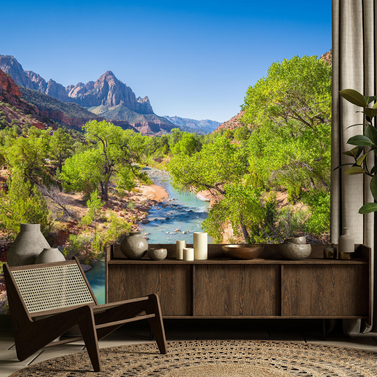 FOTOTAPETE für Esszimmer Virgin River Bäume Felsen Berge Natur 400x280 - Türkis/Blau, Papier (400/280cm) - Muralo