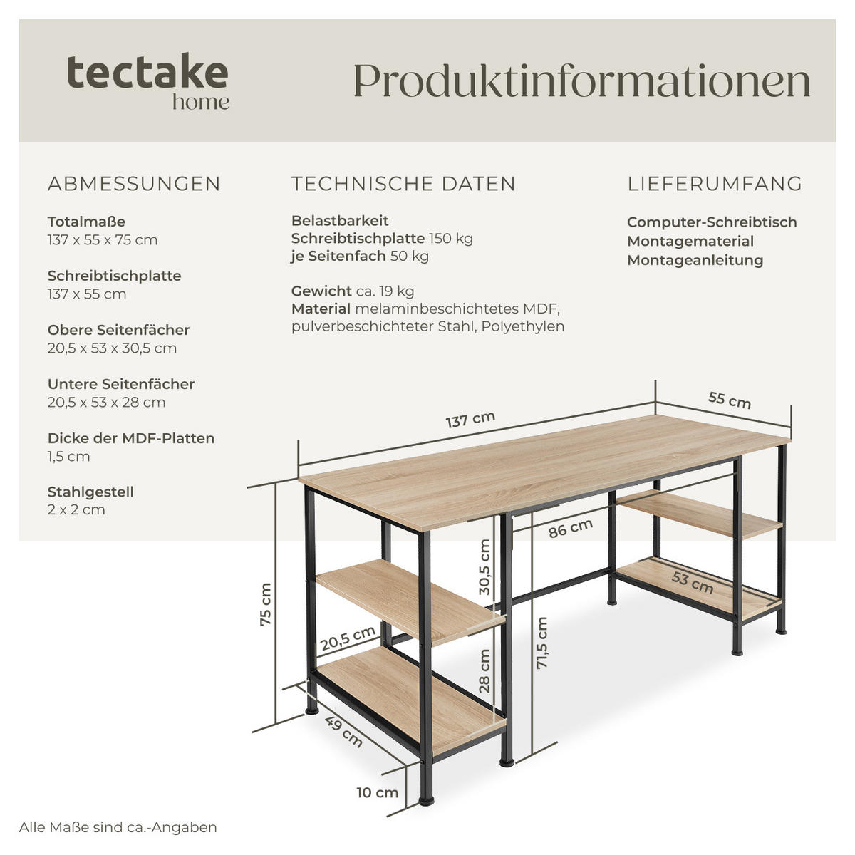 COMPUTER-SCHREIBTISCH Stoke,137 x 55 x 75 cm,Industrial Holz hell, Eiche Sonoma - Naturfarben, Holz (137/55/75cm) - tectake