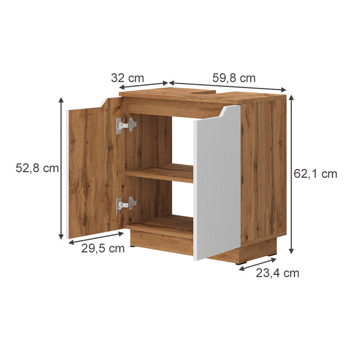 WASCHBECKENUNTERSCHRANK Lotta Eiche/weiß gestreift 59.8 x 62.1 cm mit 2 Türen - Eichefarben/Weiß, Holzwerkstoff (59.8/62.1/32cm) - Vicco