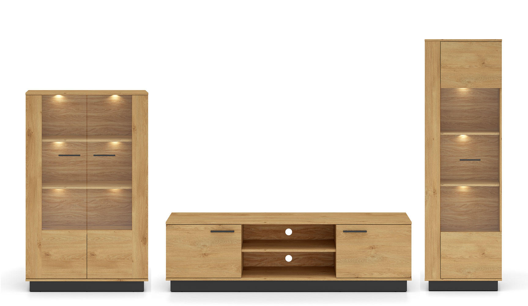 WOHNZIMMER-SET Modesto Eiche Style hell / schwarz 3-teilig - Hellbraun/Eichefarben, Holz/Holzwerkstoff (322/196/40cm) - Feldmann-Wohnen