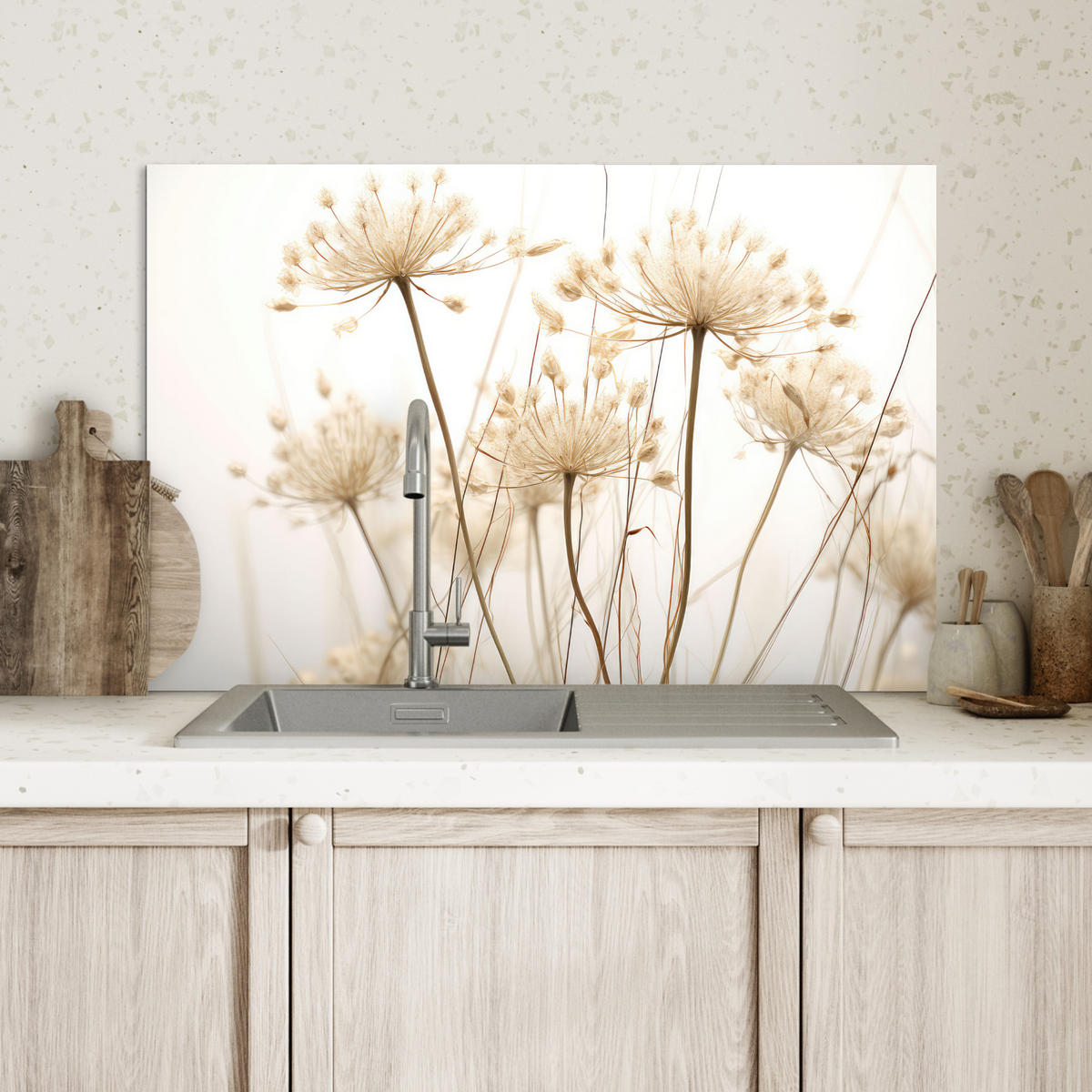 SPRITZSCHUTZ KÜCHE Blumen - Weiß - Sonnenlicht 70x50 cm - Ecru, Metall (70/0.3/50cm) - MuchoWow