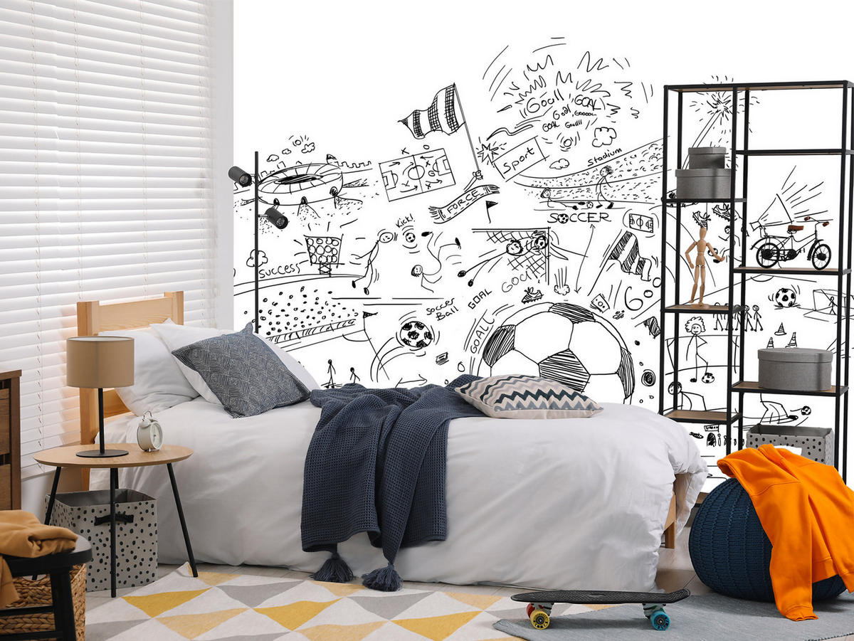 FOTOTAPETE für Kinderzimmer Fußball Skizzen Tor Stadion Sport 450x315 - Schwarz/Weiß, Papier (450/315cm) - Muralo