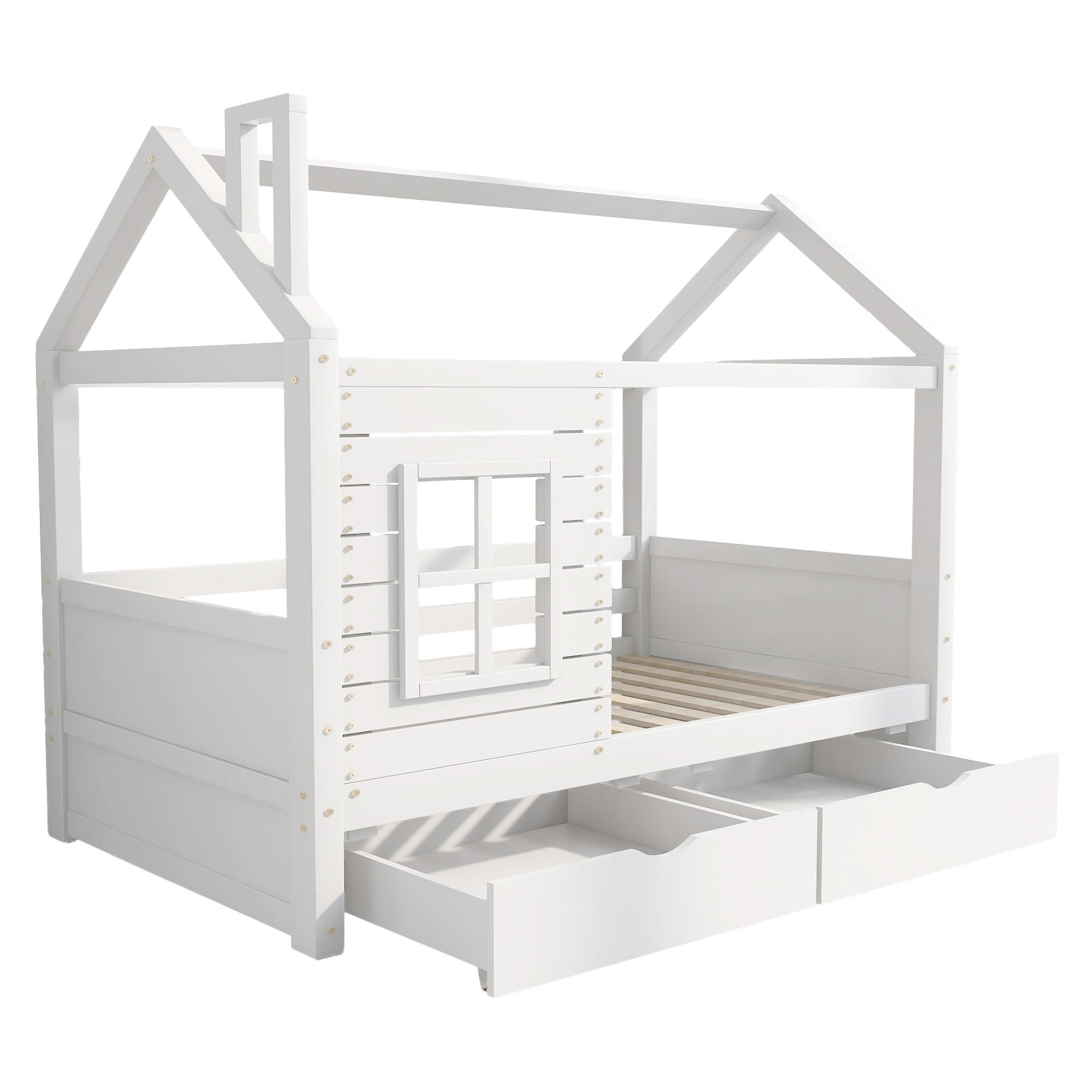 HAUSBETT 90/200 cm DE-00158, in Weiß, Rausfallschutz und Fenstern - Weiß, Holz (90/200cm) - ComfortXL