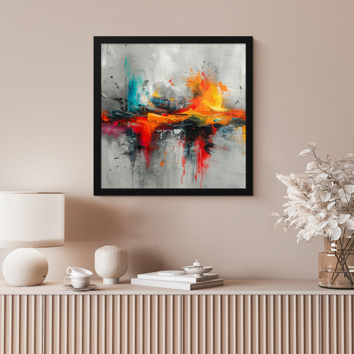 POSTER MIT RAHMEN Moderne Kunst - Orange - Grau - Abstrakt 40x40 cm - Hellgrau, Papier (40/40cm) - MuchoWow
