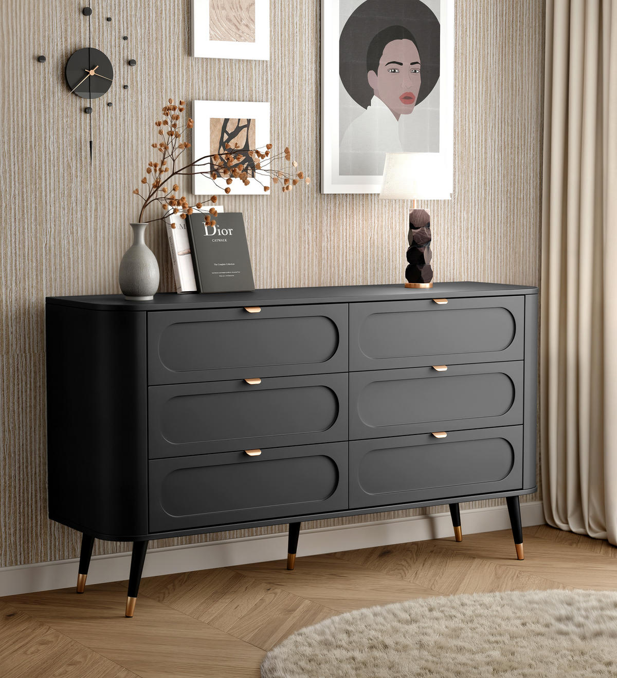 KOMMODE NOIR 138 cm, 6 Schublade(n) Schwarz - Goldfarben/Schwarz, Holzwerkstoff/Metall (138/79.7/40cm) - Idohome