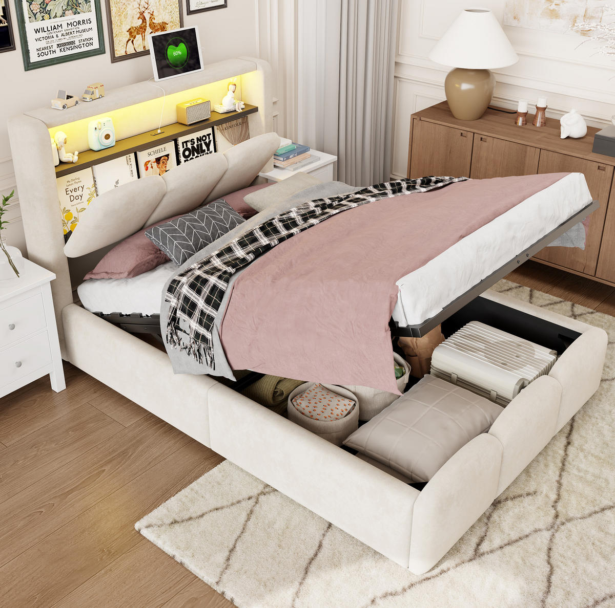 POLSTERBETT 90x200 cm in Beige mit LED, USB-C und hydraulischem Stauraum - Beige, Textil (90/200cm) - IVMEU