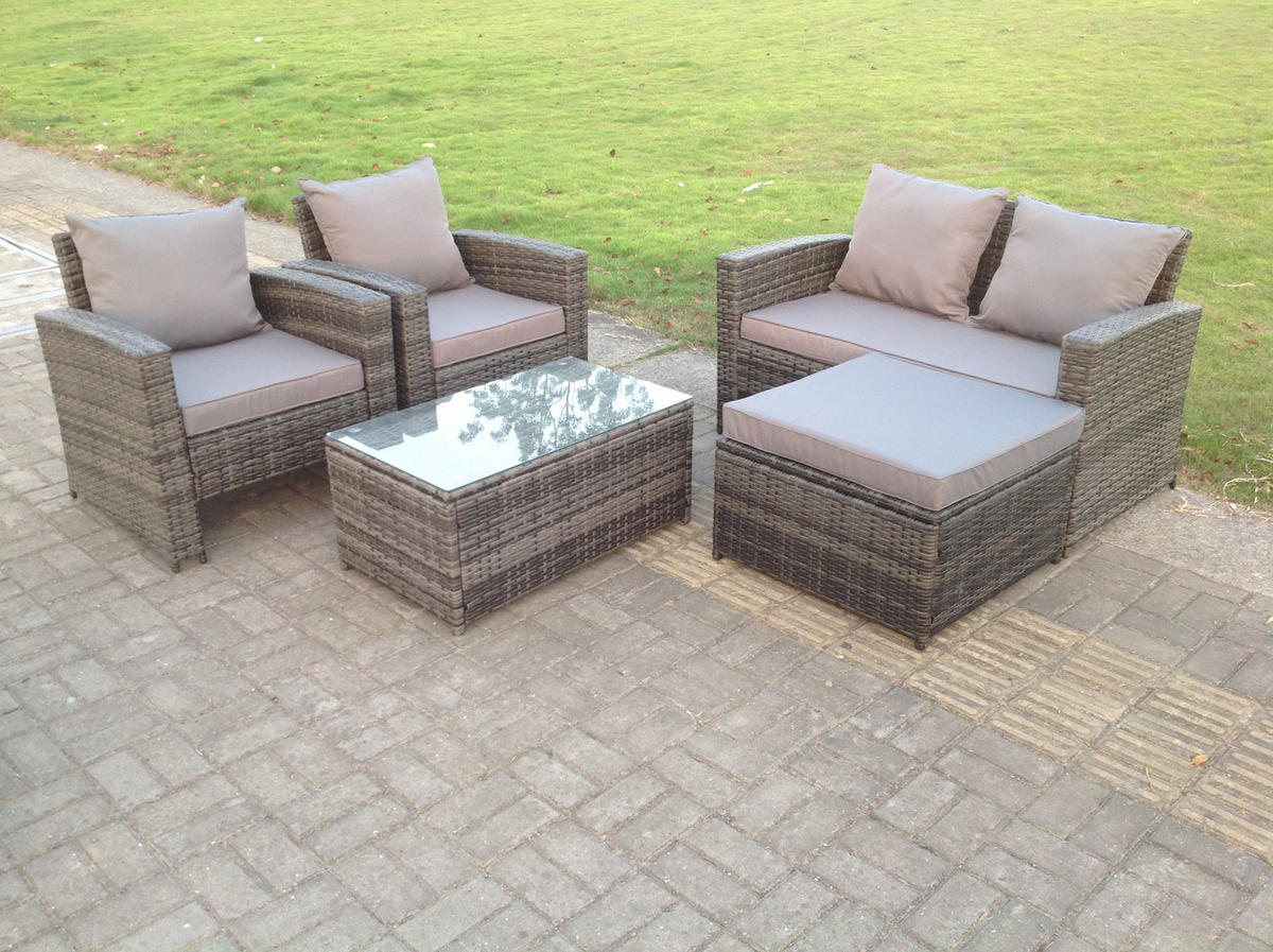 GARTENGARNITUR Polyrattan 5-Sitzer - Dunkelgrau, Metall - Fimous