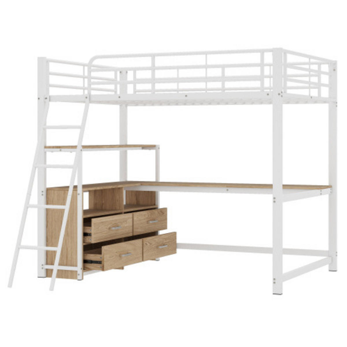 HOCHBETT 140 × 200 cm mit Metallrahmen, L-förmigem Schreibtisch und 4 Schubladen, weiß - Weiß, Metall - Luhomfu