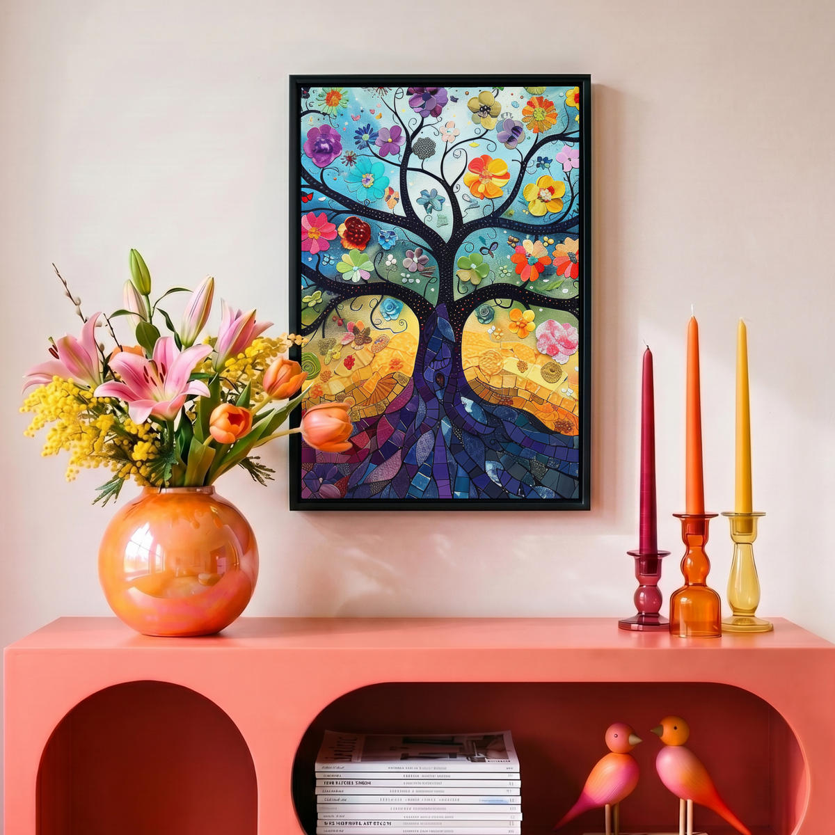 LEINWAND Bilder mit Rahmen - Kunst - Baum des Lebens - Blumen - Hippie - 20x30 - Dunkelblau, Textil (20/30cm) - MuchoWow