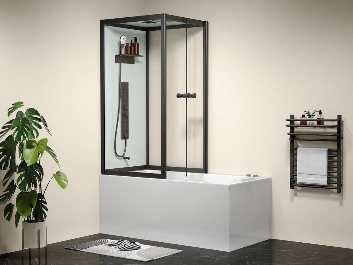 DUSCHBADEWANNE - Schwarze Profile - 150 x 75 x 215 cm - 100 Mikrodüsen & 6 große Düsen - DARIA II - Schwarz, Metall (75/215/150cm) - Vente-Unique