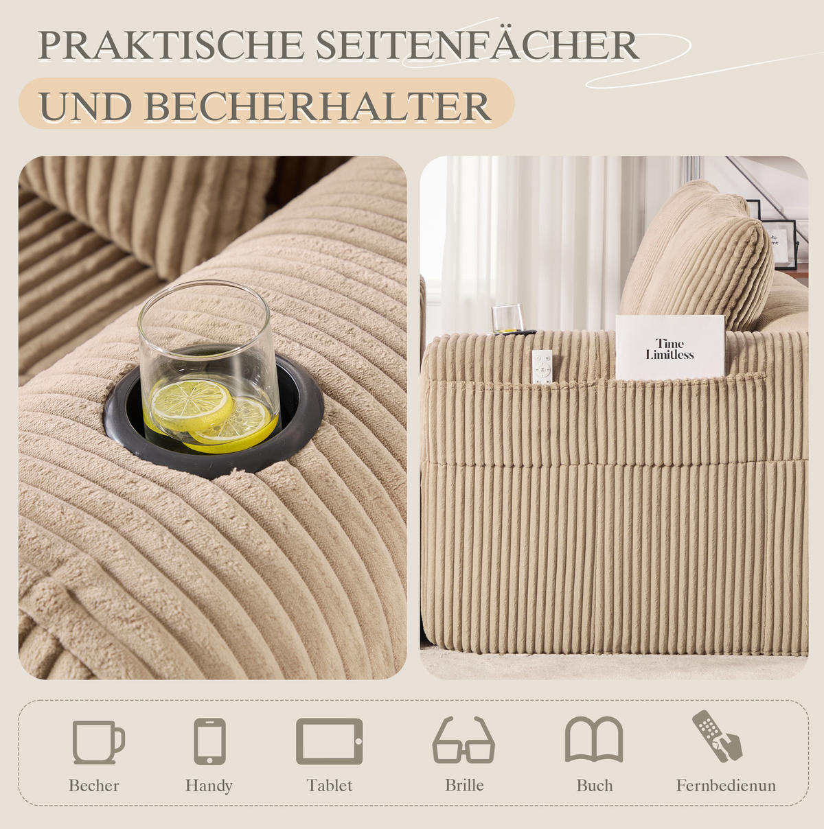 2-SITZER Sofa Cordstoff mit Seitenfächern und Becherhalter 158/93/61 cm Sandfarben - Sandfarben, Textil (93/61/158cm) - Redom