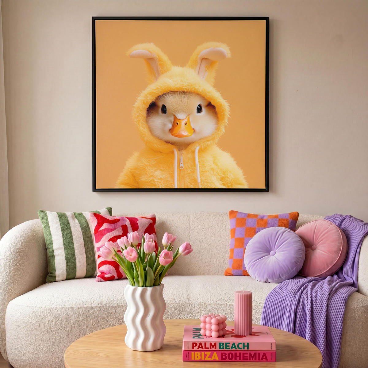 LEINWAND Bilder mit Rahmen - Osterhase - Kostüm - Ente - 90x90 - Gelb, Textil (90/90cm) - MuchoWow