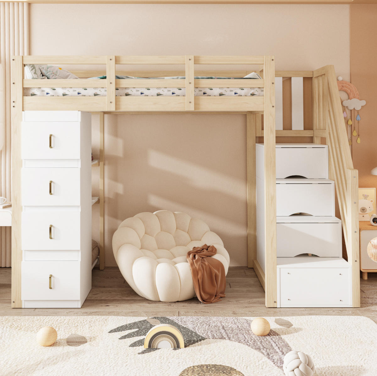 HOCHBETT 90/200 cm mit Stauraumschubladen, Regal und Massivholz - Naturfarben, Holz (90/200cm) - MIVRAY