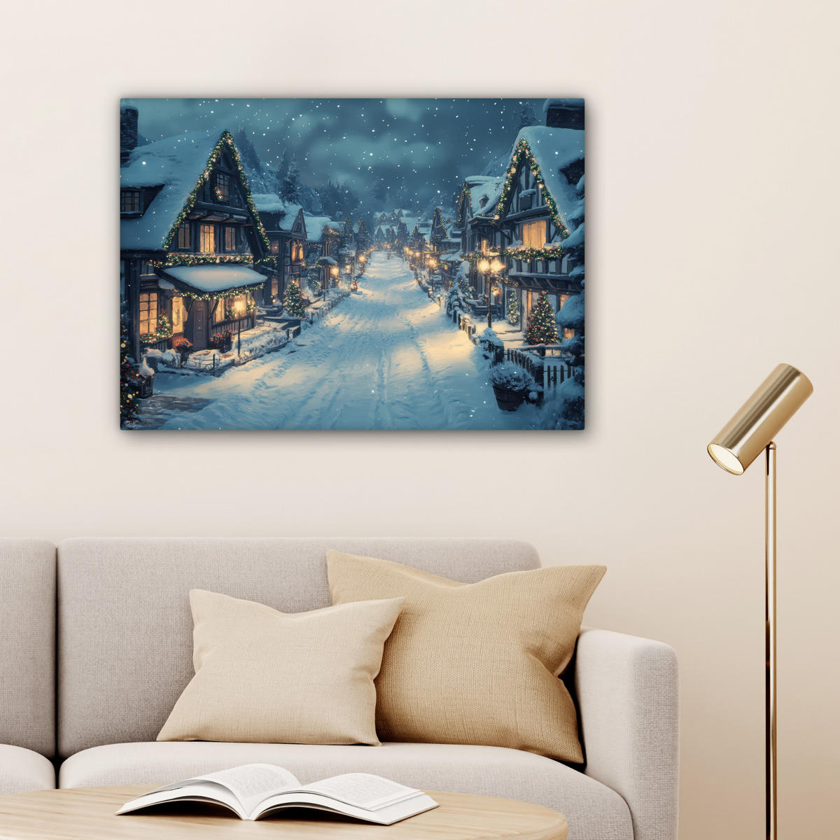 LEINWANDBILD Weihnachtsdorf - Weihnachten - Schnee - Winter Wandbilder 80x60 cm - Dunkelblau, Textil (80/60cm) - MuchoWow