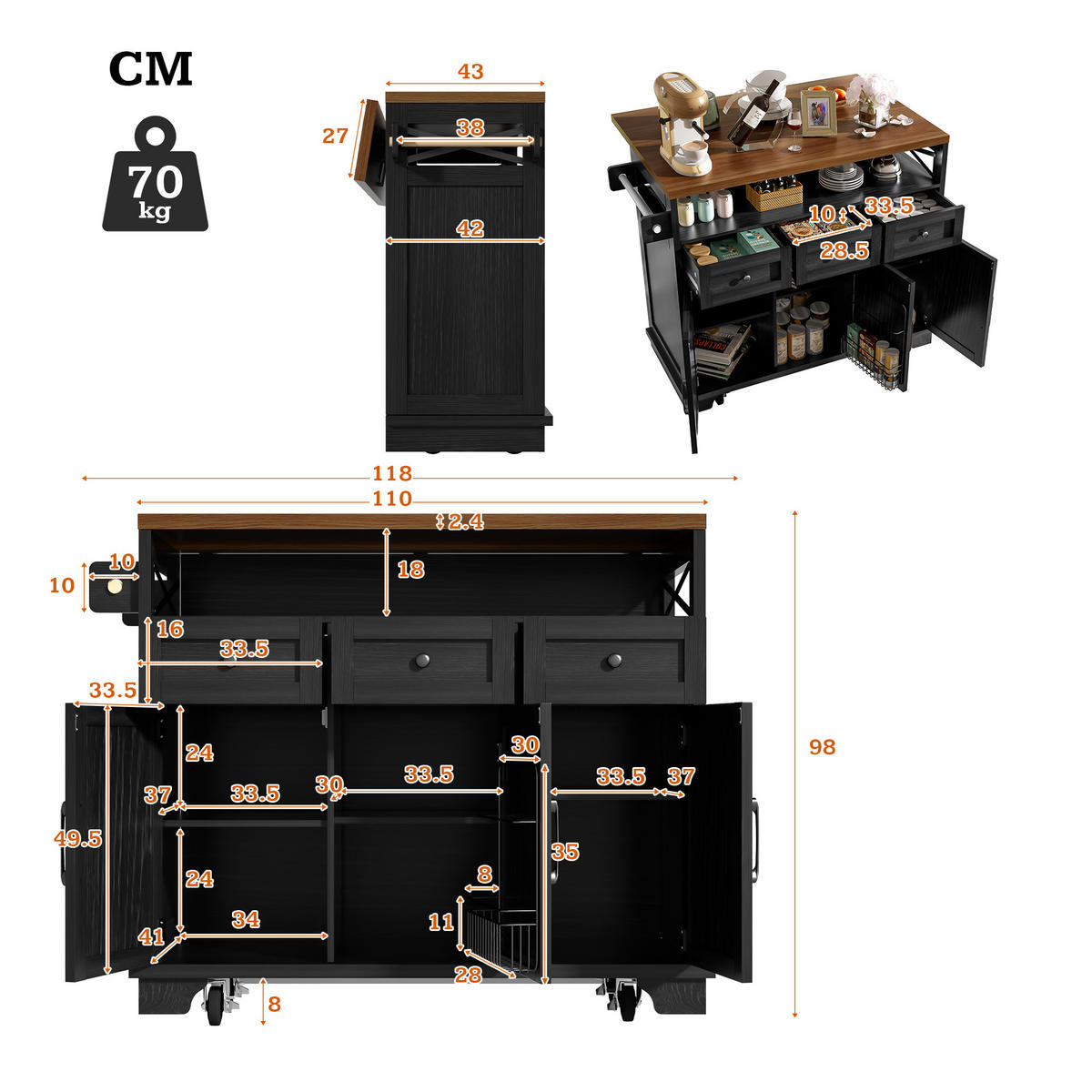 KÜCHENINSEL 118x43x98cm Schwarz mit klappbarer Platte, Schublade, Snackhalter & 5 Rollen - Schwarz, Holzwerkstoff (118/98/43cm) - Modfu