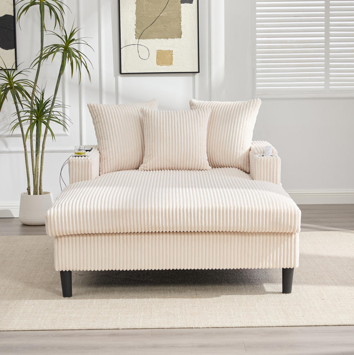 CHAISELONGUE 129/170/70 cm mit LED-Beleuchtung, USB-Ladeanschluss, Stauraum und Becherhaltern, Beige - Beige, Textil (170/70/129cm) - Redom