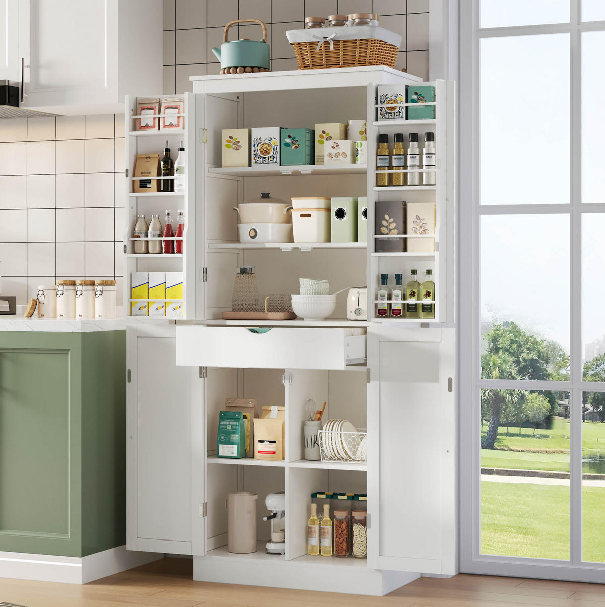 BUFFET aus MDF 75x40x182 cm Weiß mit Schublade, Regalfächern und Kippschutz - Weiß, Holzwerkstoff (75/180/40cm) - Modfu