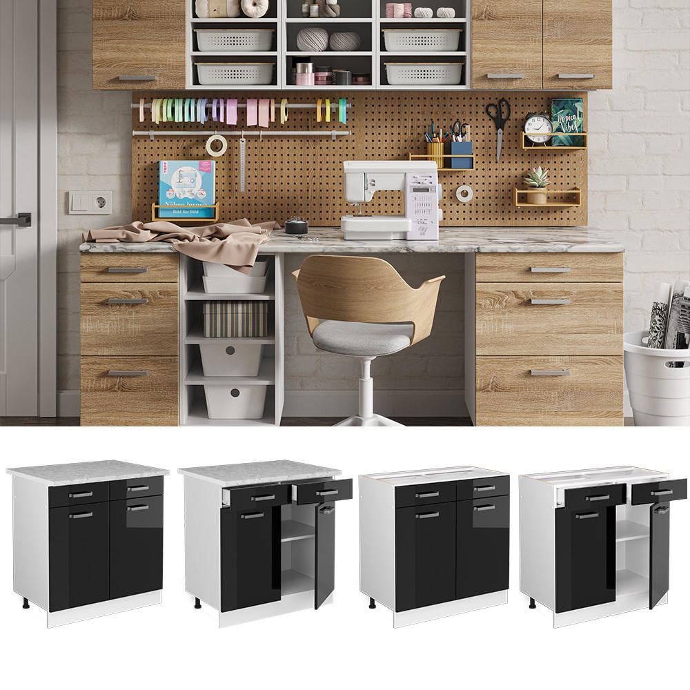 Thumbnail - Vicco Unterschrank, Schwarz Hochglanz, Holzwerkstoff, 4 Fächer, 2 Schubladen, Rechteckig, 80x81.6x46 cm, Waschküche, Meh...