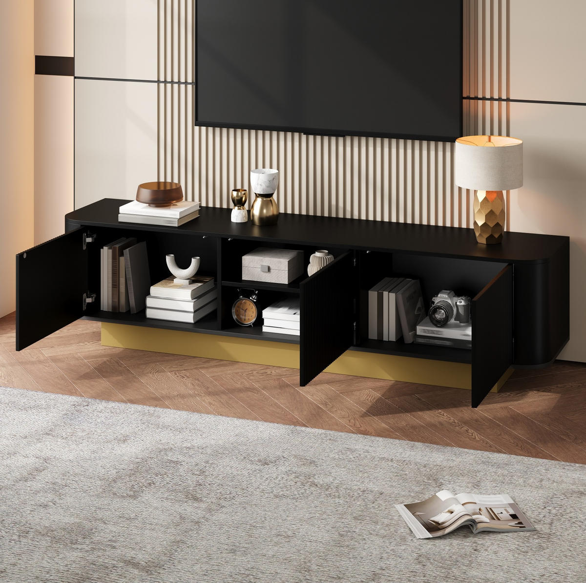 TV-LOWBOARD aus MDF und Spanplatte 170x40,5x47 cm Schwarz mit 3 Türen und Kabelmanagement - Schwarz, Holzwerkstoff (170/47/40.5cm) - IVMEU
